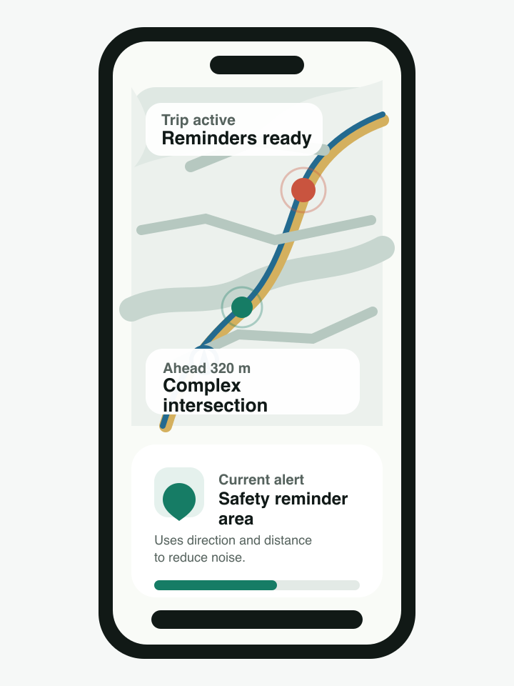Vibe Pacenotes trip map and complex-intersection reminder interface preview